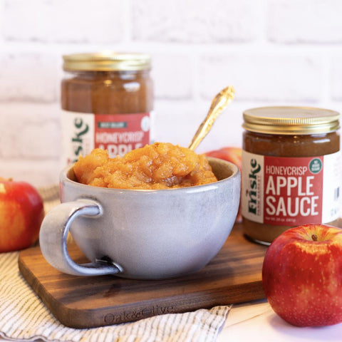 honeycrisp applesauce in bowl
hand peeled apples
no sugar added
homemade chunky applesauce
sweet-tart tangy
gluten friendly
GMO free
