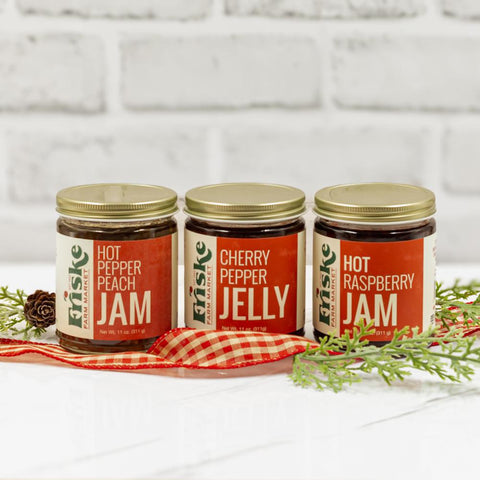 jam, jelly, small-batch, hot pepper peach, cherry pepper, hot raspberry, Friske Farm Market, farm fresh flavors, gift box